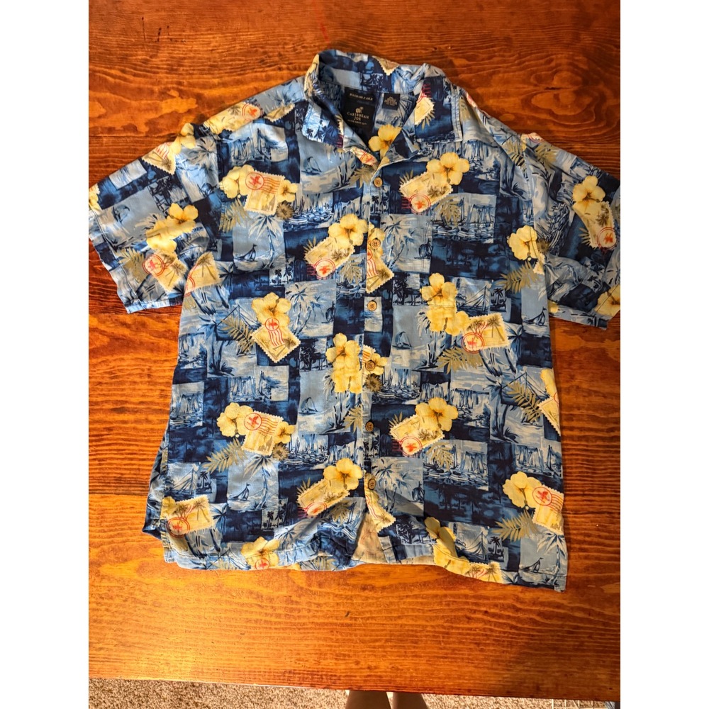 Caribbean Joe Button Up Shirt Mens XXL Blue Silk Floral Nautical Hawaiian‎ Camp